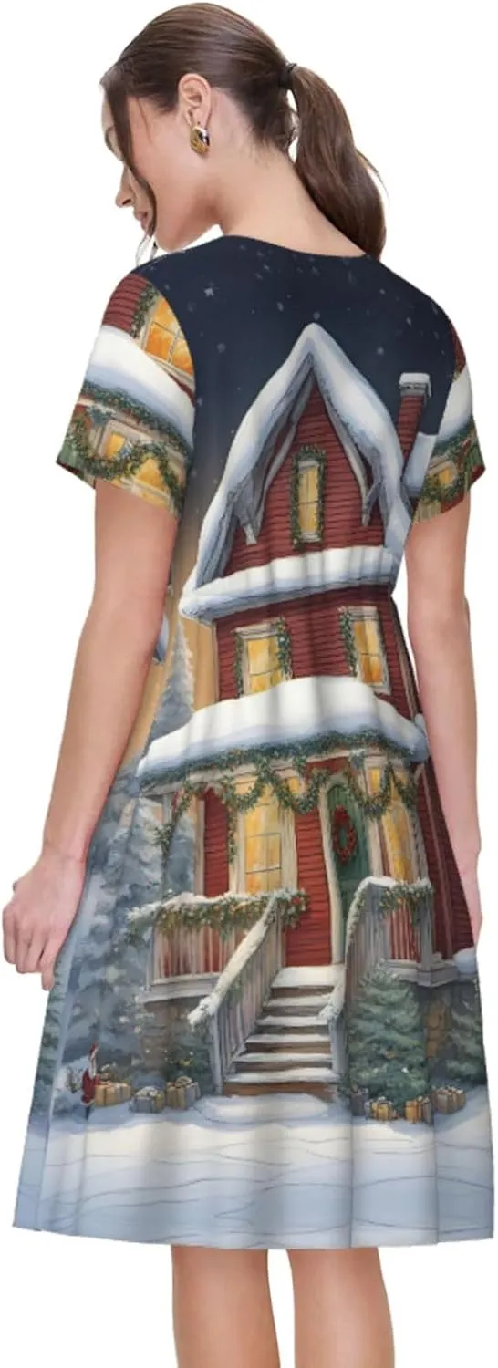 Christmas Village House Print Summer Dresses for Women,Casual Maxi Dress,for Easter and Beach Vacation