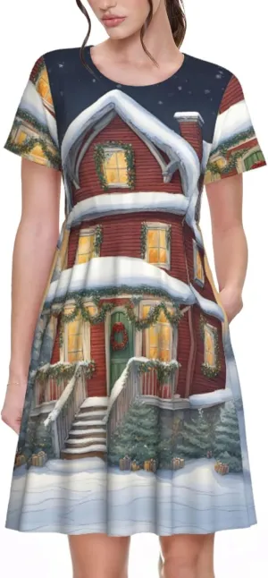 Christmas Village House Print Summer Dresses for Women,Casual Maxi Dress,for Easter and Beach Vacation