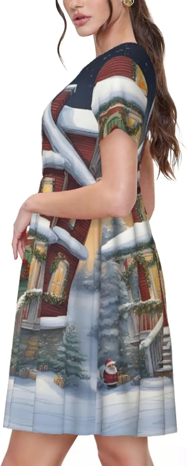 Christmas Village House Print Summer Dresses for Women,Casual Maxi Dress,for Easter and Beach Vacation