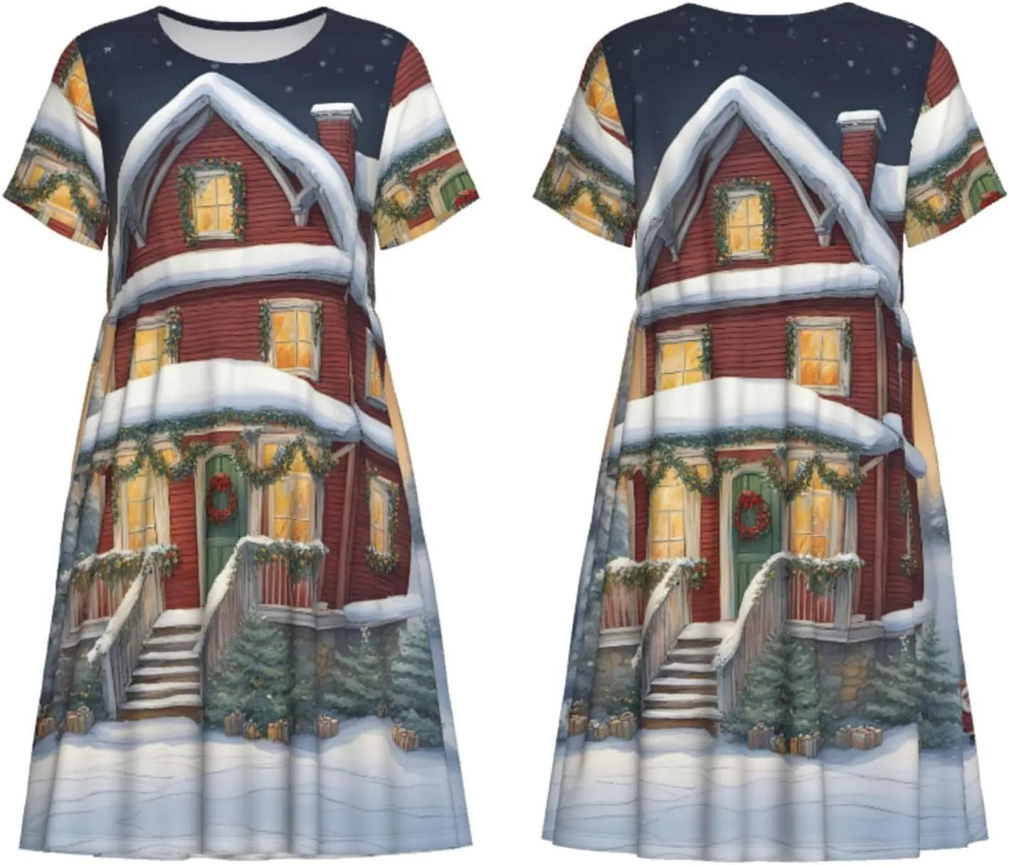 Christmas Village House Print Summer Dresses for Women,Casual Maxi Dress,for Easter and Beach Vacation