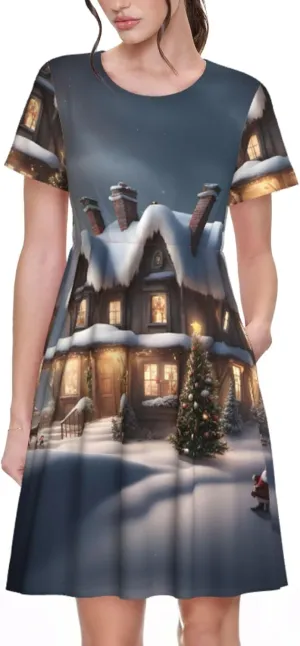 Christmas Village House Print Summer Dresses for Women,Casual Maxi Dress,for Easter and Beach Vacation