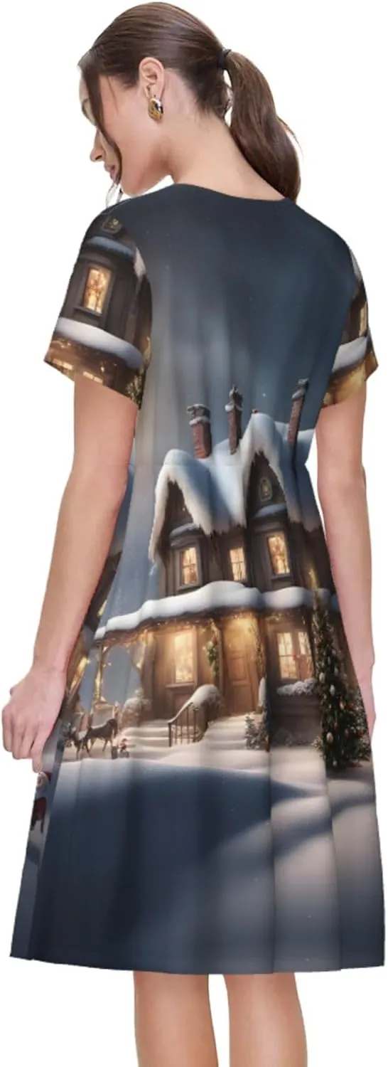 Christmas Village House Print Summer Dresses for Women,Casual Maxi Dress,for Easter and Beach Vacation