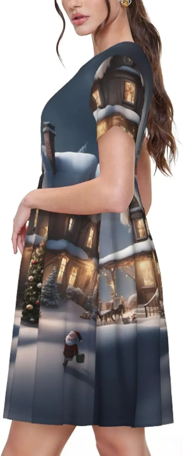 Christmas Village House Print Summer Dresses for Women,Casual Maxi Dress,for Easter and Beach Vacation