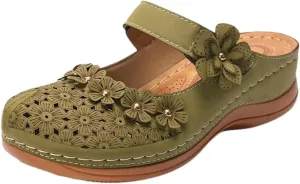 Clogs for Women Mules Shoes Comfortable Dressy Summer Closed Toe Wedge Sandals Fashion Hook and Loop Fastener Slipper Backless Low Wedge Slip On Shoes