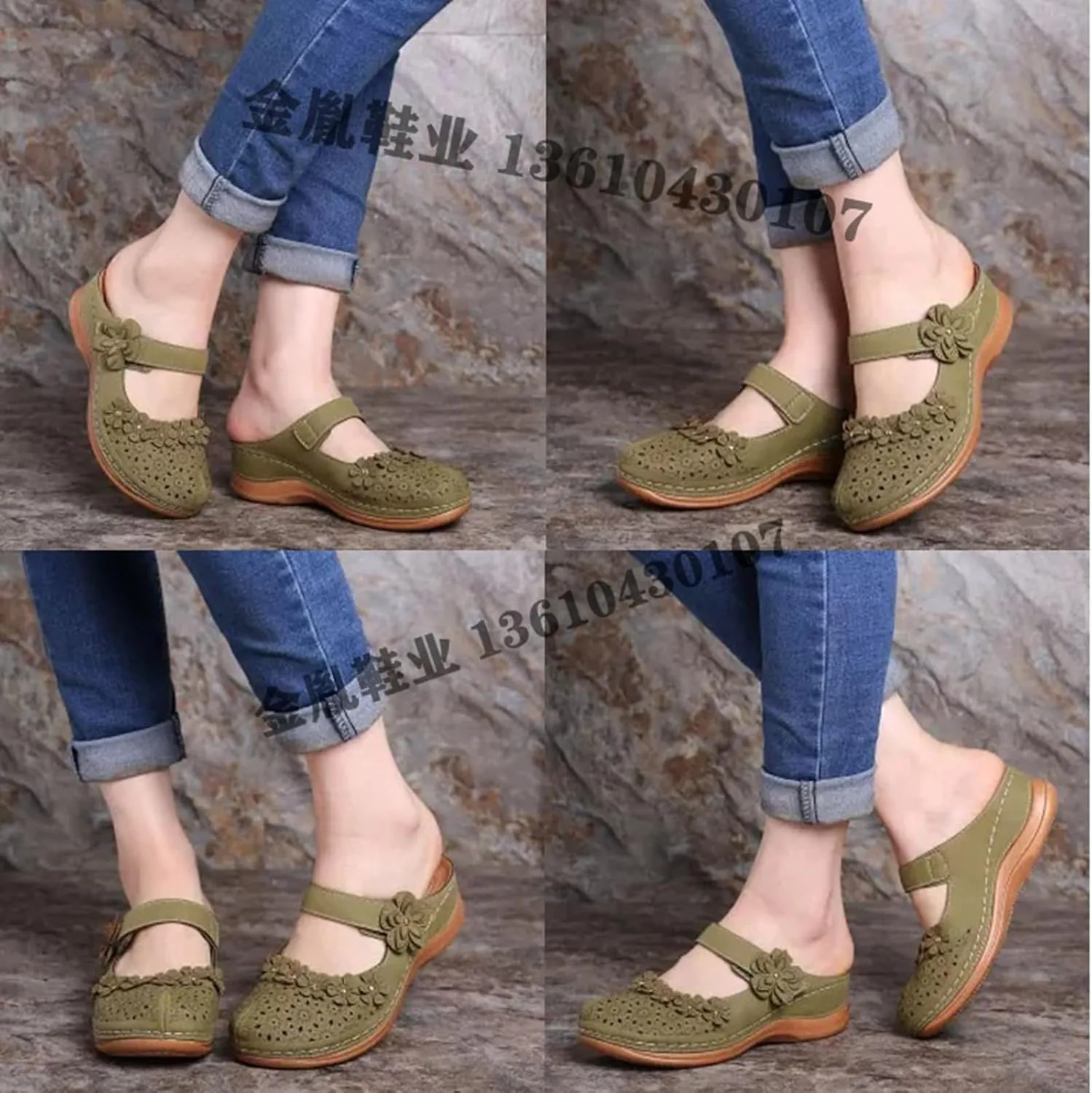 Clogs for Women Mules Shoes Comfortable Dressy Summer Closed Toe Wedge Sandals Fashion Hook and Loop Fastener Slipper Backless Low Wedge Slip On Shoes