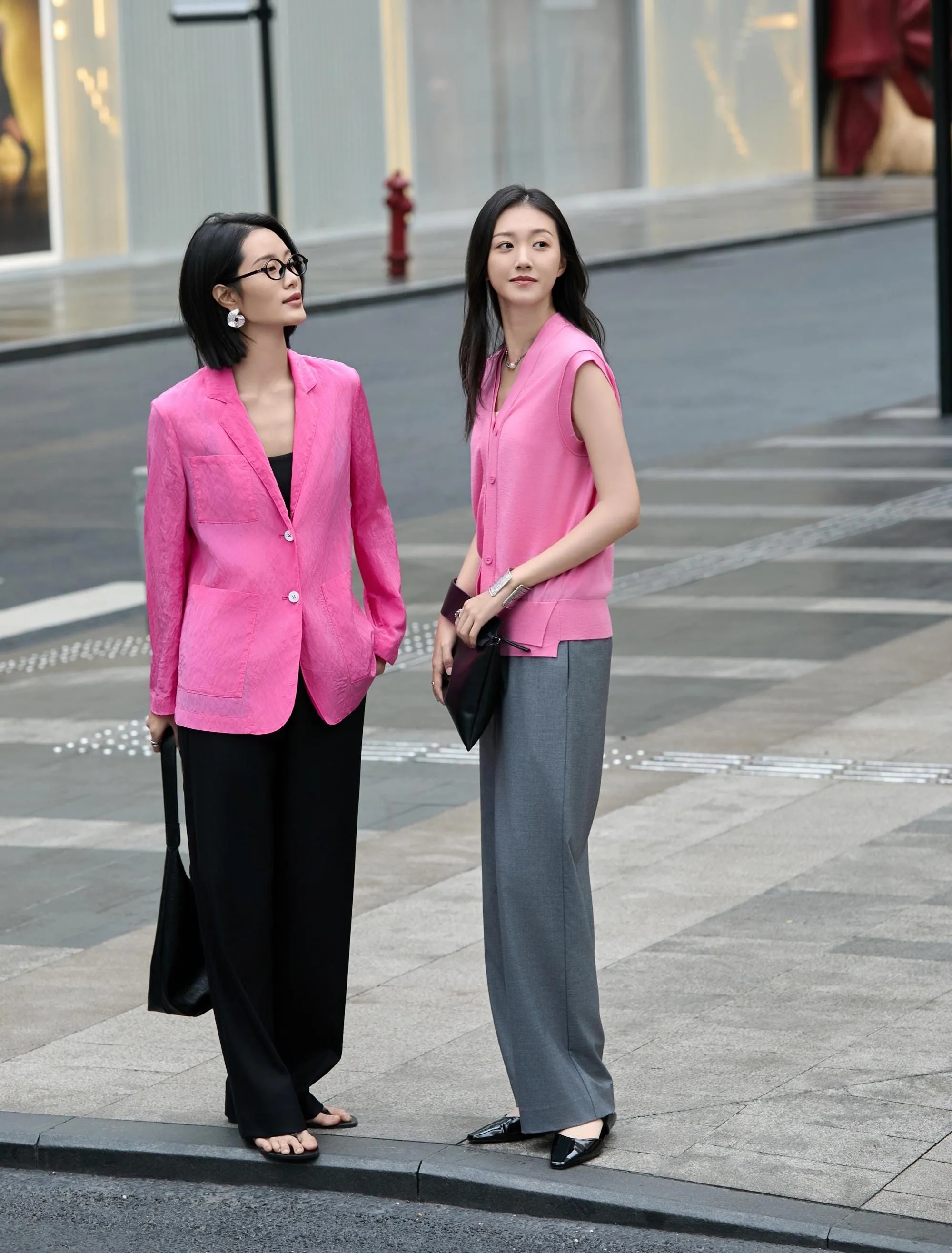 Colorful Layered Wool Vest for Women | V-Neck Mock Two-Piece Design | Gray, Pink, Yellow