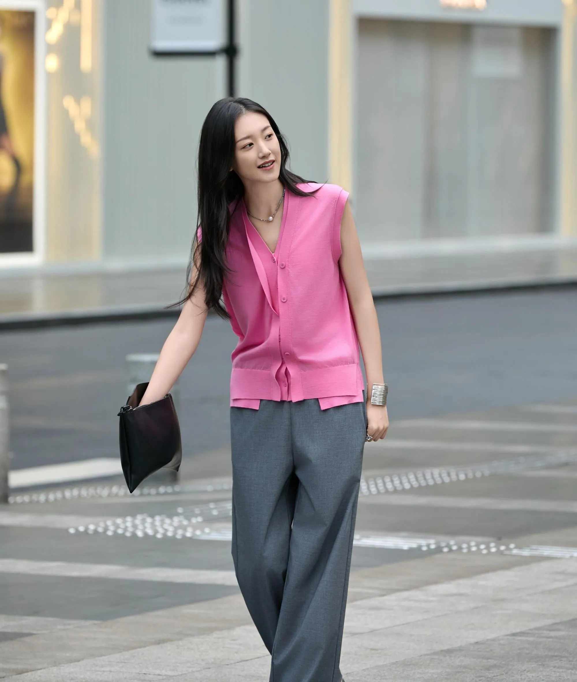 Colorful Layered Wool Vest for Women | V-Neck Mock Two-Piece Design | Gray, Pink, Yellow