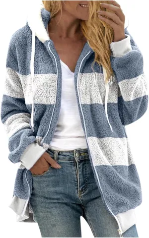 COTECRAM Winter Coats for Women 2023 Casual Plus Size Fleece Jacket Color Block Zip Up Hoodies Coat Outwear with Pockets