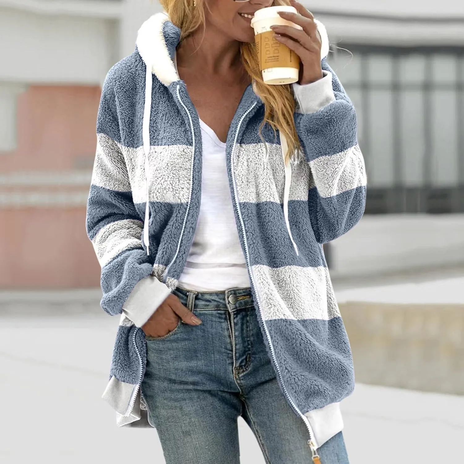 COTECRAM Winter Coats for Women 2023 Casual Plus Size Fleece Jacket Color Block Zip Up Hoodies Coat Outwear with Pockets
