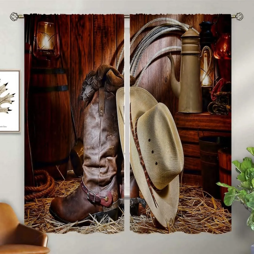 Cowboy Blackout Curtains for Home Decor,American Western Rodeo Cowboy Straw Hat Robe Boots Rod Pocket Thermal Insulated Drapes Darkening Window Curtain for Girls Boy Bedroom Living Room 42 x 63 Inch