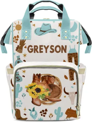 Cowboy Sunflower Hats Boots Personalized Large Capacity Diaper Bags,Custom Name Backpack Casual Daypack Bag Nappy Bag Gifts