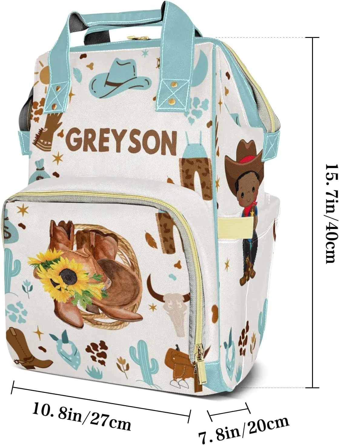 Cowboy Sunflower Hats Boots Personalized Large Capacity Diaper Bags,Custom Name Backpack Casual Daypack Bag Nappy Bag Gifts