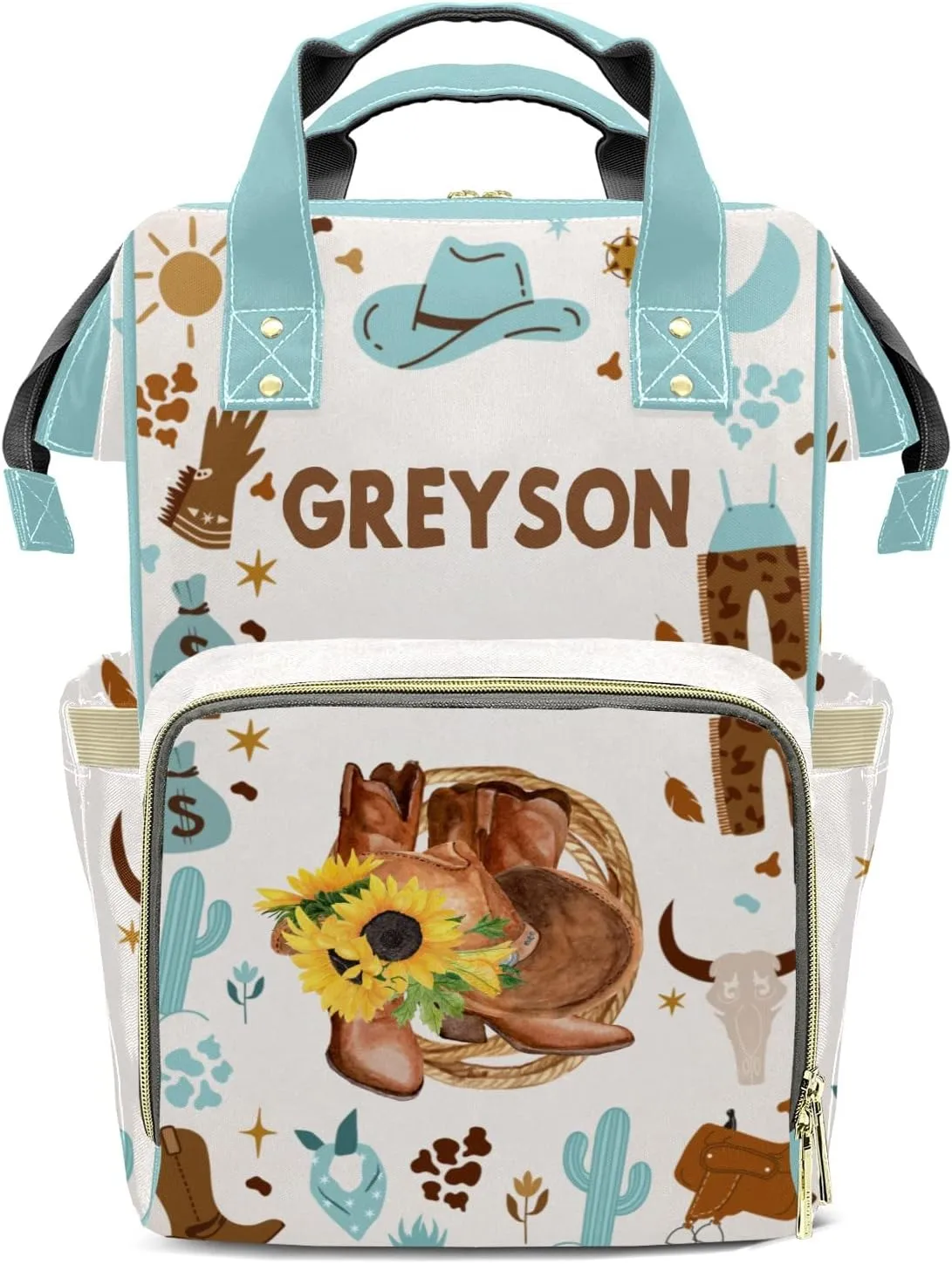 Cowboy Sunflower Hats Boots Personalized Large Capacity Diaper Bags,Custom Name Backpack Casual Daypack Bag Nappy Bag Gifts
