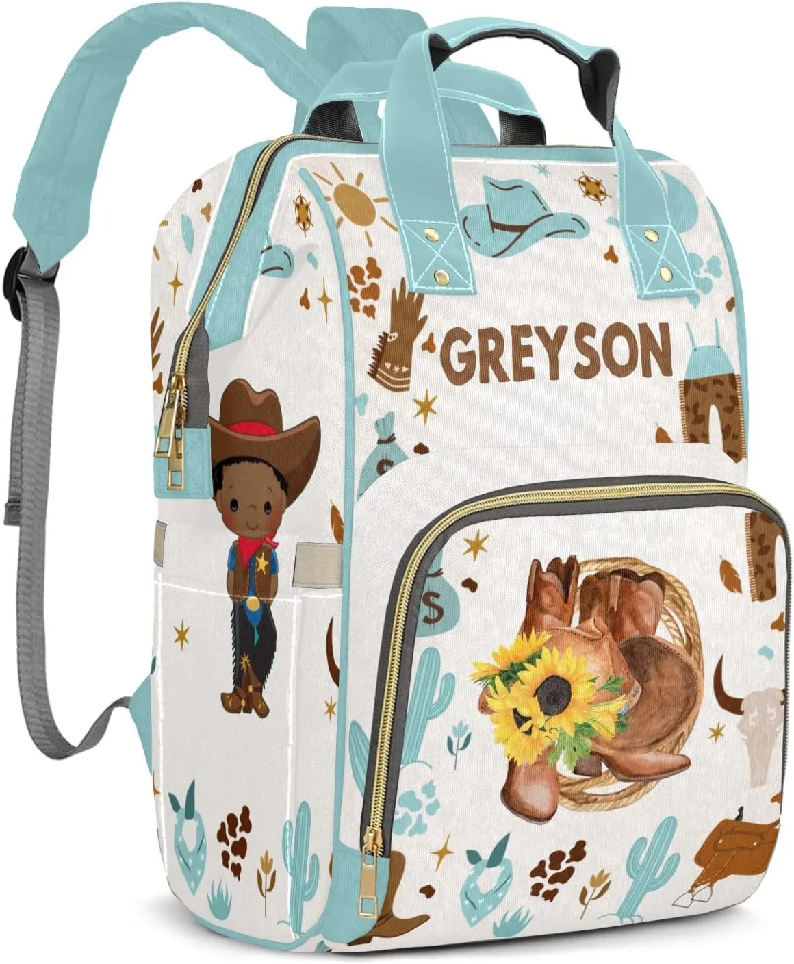 Cowboy Sunflower Hats Boots Personalized Large Capacity Diaper Bags,Custom Name Backpack Casual Daypack Bag Nappy Bag Gifts