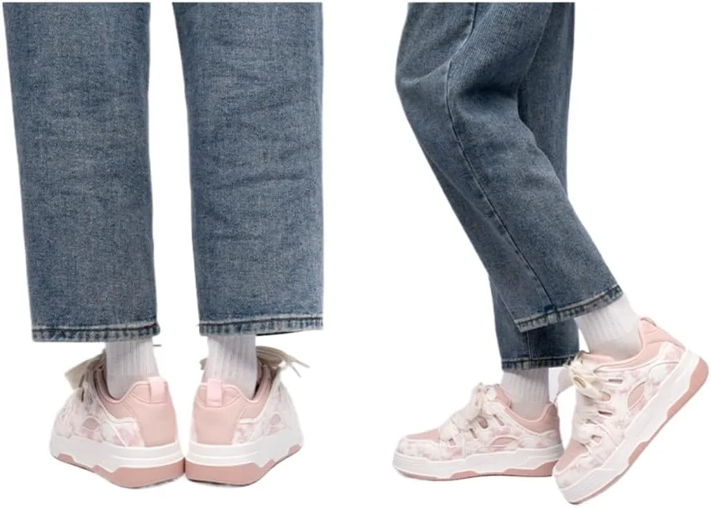 Creamy Chunky White Sneakers | Korean Campus Style Bread-Head Shoes with Pink Cute Print | Cloud Comfort Sole | Breathable Platform | Kawaii Preppy OOTD for Women Students