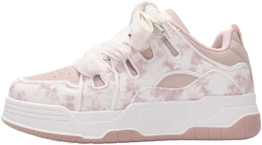 Creamy Chunky White Sneakers | Korean Campus Style Bread-Head Shoes with Pink Cute Print | Cloud Comfort Sole | Breathable Platform | Kawaii Preppy OOTD for Women Students