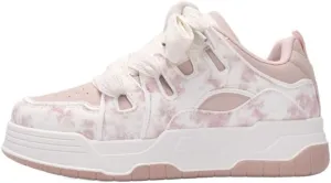 Creamy Chunky White Sneakers | Korean Campus Style Bread-Head Shoes with Pink Cute Print | Cloud Comfort Sole | Breathable Platform | Kawaii Preppy OOTD for Women Students