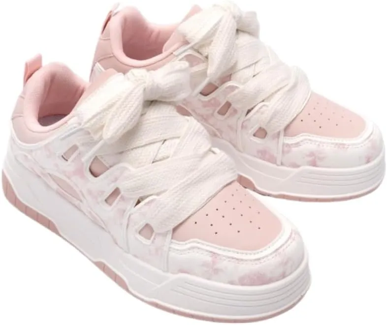 Creamy Chunky White Sneakers | Korean Campus Style Bread-Head Shoes with Pink Cute Print | Cloud Comfort Sole | Breathable Platform | Kawaii Preppy OOTD for Women Students