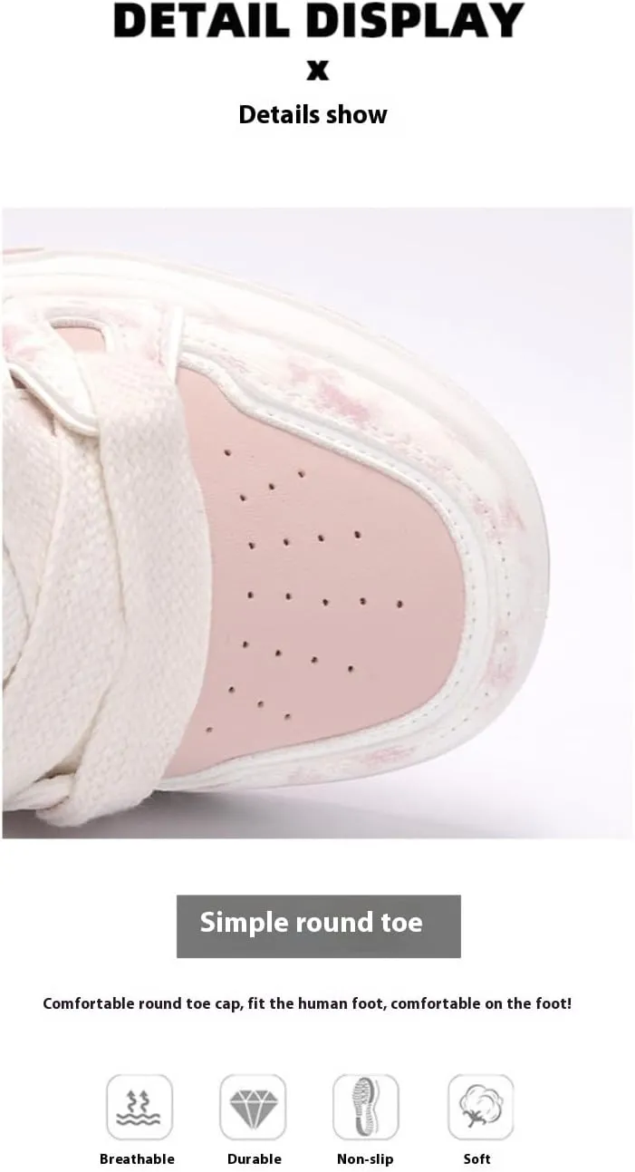 Creamy Chunky White Sneakers | Korean Campus Style Bread-Head Shoes with Pink Cute Print | Cloud Comfort Sole | Breathable Platform | Kawaii Preppy OOTD for Women Students