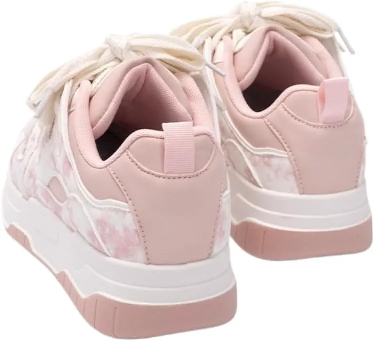 Creamy Chunky White Sneakers | Korean Campus Style Bread-Head Shoes with Pink Cute Print | Cloud Comfort Sole | Breathable Platform | Kawaii Preppy OOTD for Women Students