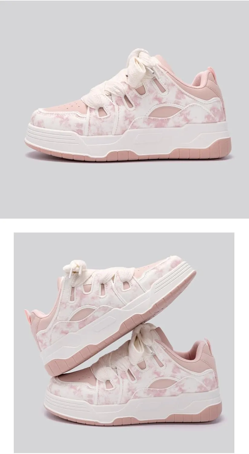 Creamy Chunky White Sneakers | Korean Campus Style Bread-Head Shoes with Pink Cute Print | Cloud Comfort Sole | Breathable Platform | Kawaii Preppy OOTD for Women Students