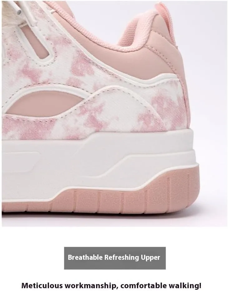Creamy Chunky White Sneakers | Korean Campus Style Bread-Head Shoes with Pink Cute Print | Cloud Comfort Sole | Breathable Platform | Kawaii Preppy OOTD for Women Students