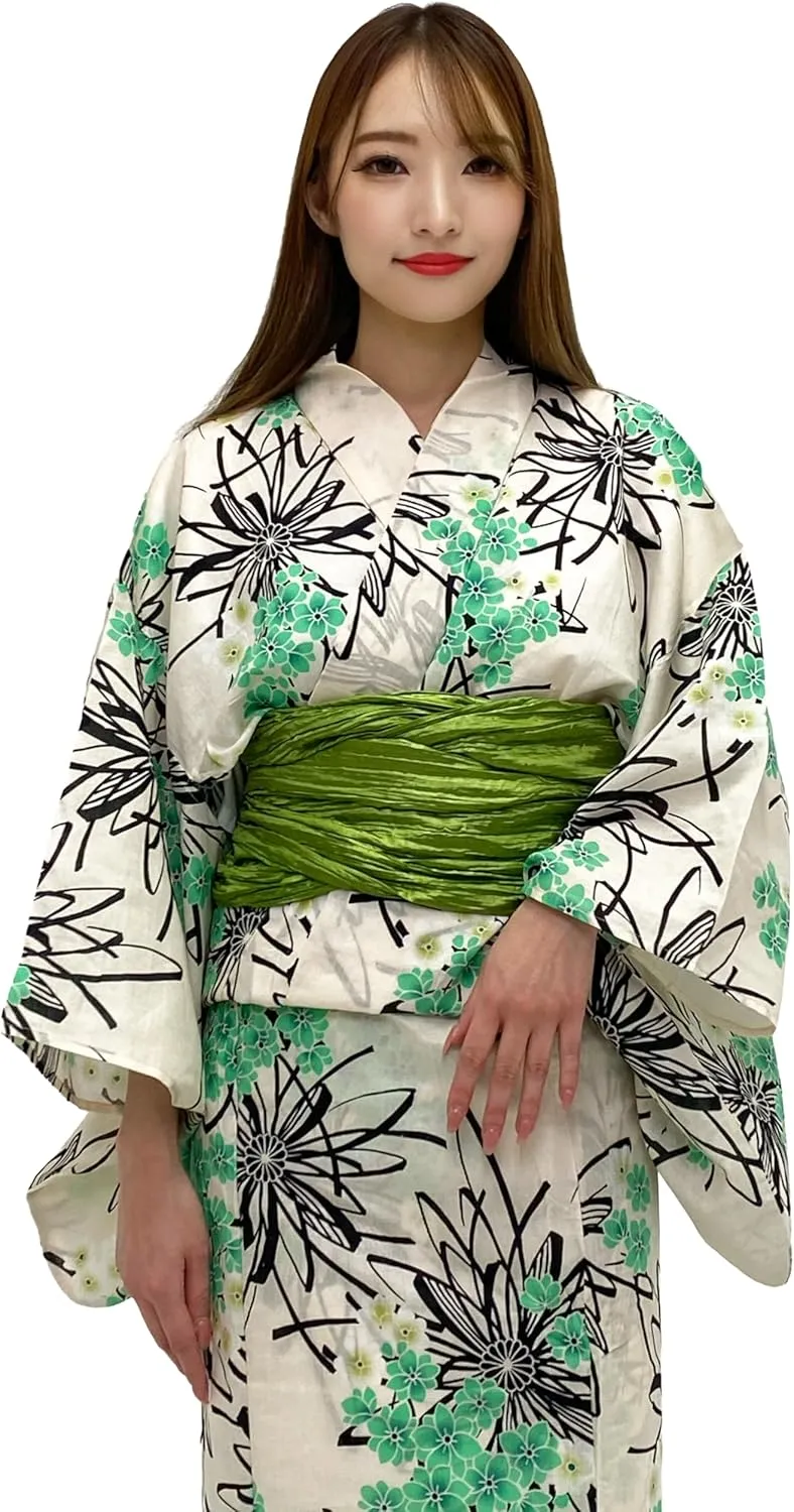 Dita ENSHU Traditional Cotton Women's Yukata Robe (japanese casual kimono) Easy Wearing (Yukata, Obi, Koshihimo) set3