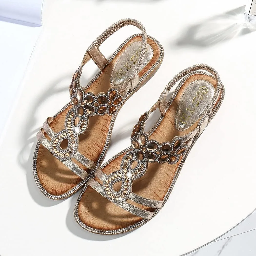 DKCHENH Rhinestone Sandals for Women Flat - Trendy Sparkling Boho Ladies' Flat Sandals,Beautiful Sparkling Boho Ladies' Flat Sandals for Summer.