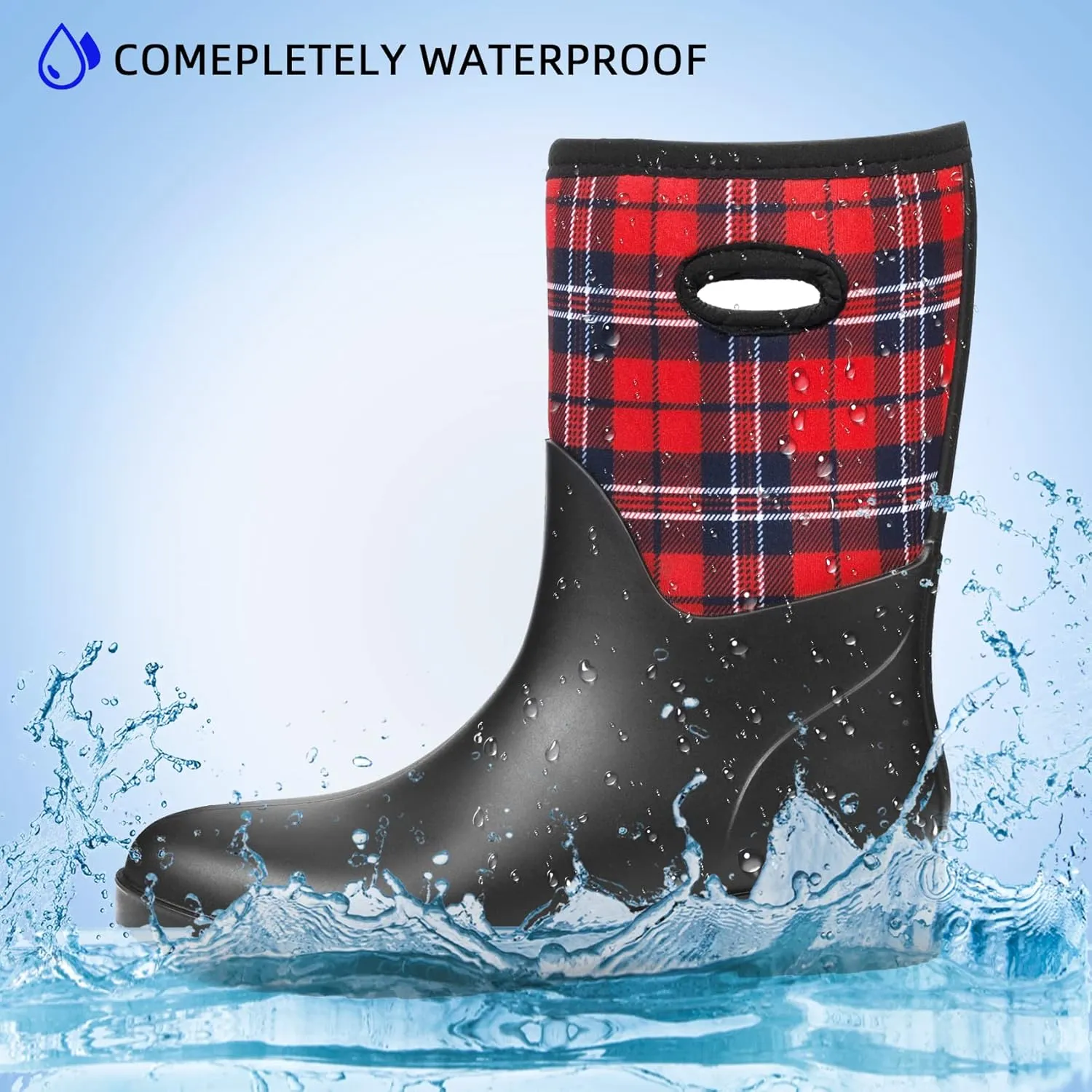DKSUKO Women Rain Boots Waterproof,Rubber Tall Pull on Insulated Snow Mud Shoes
