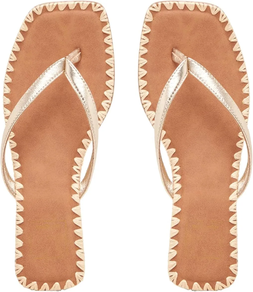 DOEYG Raffia Heels Sandals for Women Summer Beach Flip Flops Square Open Toe Flat Heeled Sandals Dressy Comfortable Slip on Thong Sandals