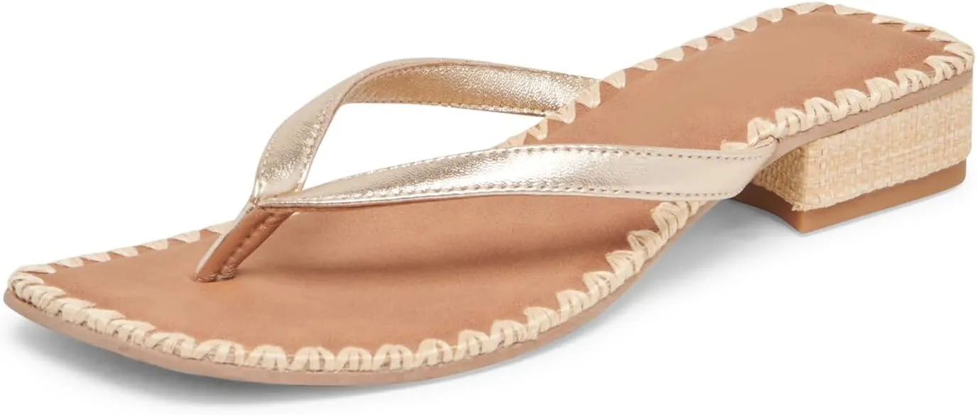 DOEYG Raffia Heels Sandals for Women Summer Beach Flip Flops Square Open Toe Flat Heeled Sandals Dressy Comfortable Slip on Thong Sandals