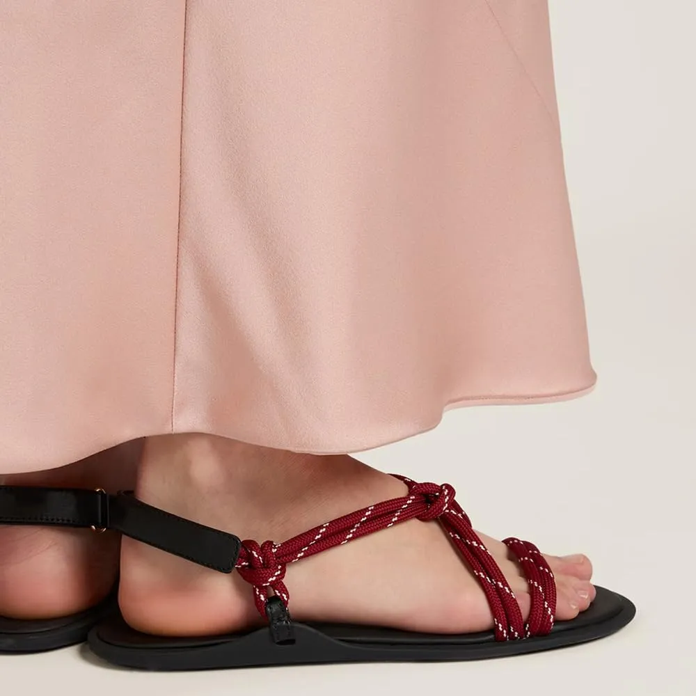 DOEYG Rope Flat Sandals for Women Beach Open Toe Thong Sandals Comfortable Dressy Summer Slip On Slide Sandals with Adjustable Buckle Strap