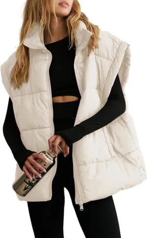 Dokotoo Women's Casual Winter Oversized Puffer Vest Stand Collar Flysleeve Insulated Padded Puffy Jackets Coat with Pockets
