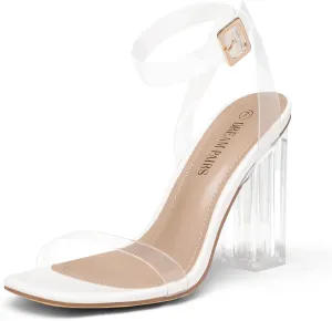 DREAM PAIRS Women's Chunky Clear High Heels Sandals, Rhinestone Ankle Strap Open Square Toe Block Heels Cute Sparkly Heels