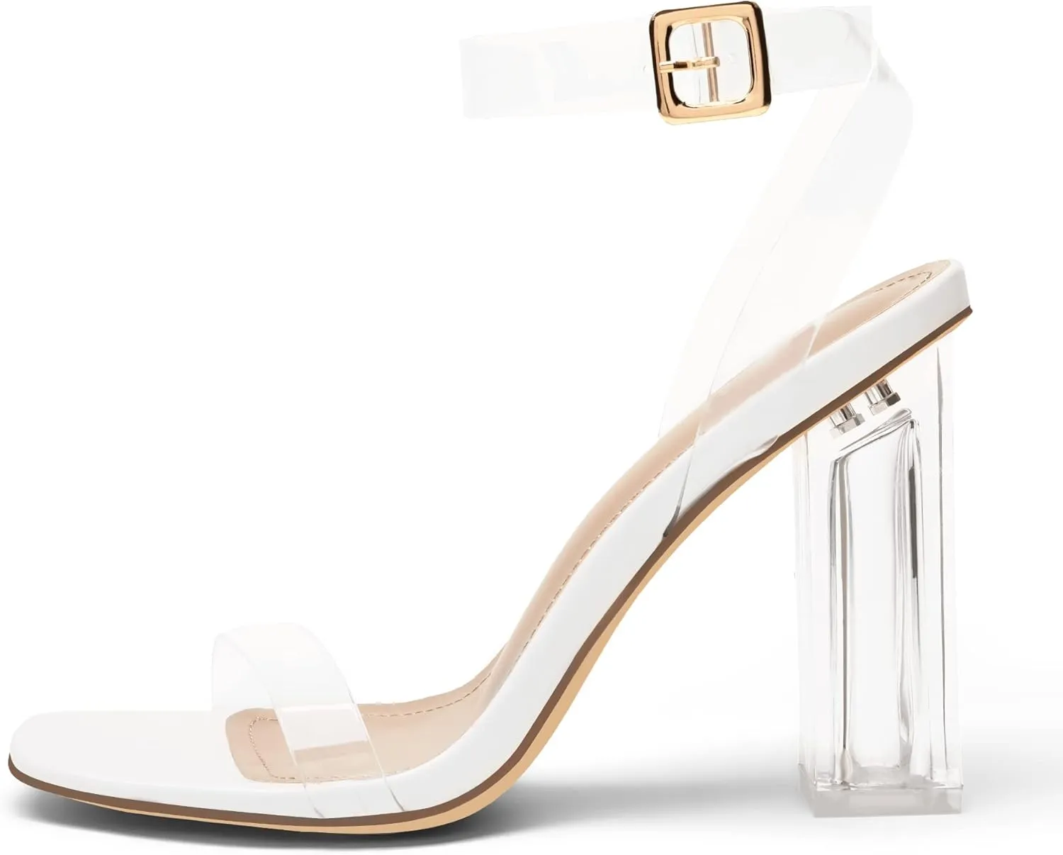 DREAM PAIRS Women's Chunky Clear High Heels Sandals, Rhinestone Ankle Strap Open Square Toe Block Heels Cute Sparkly Heels