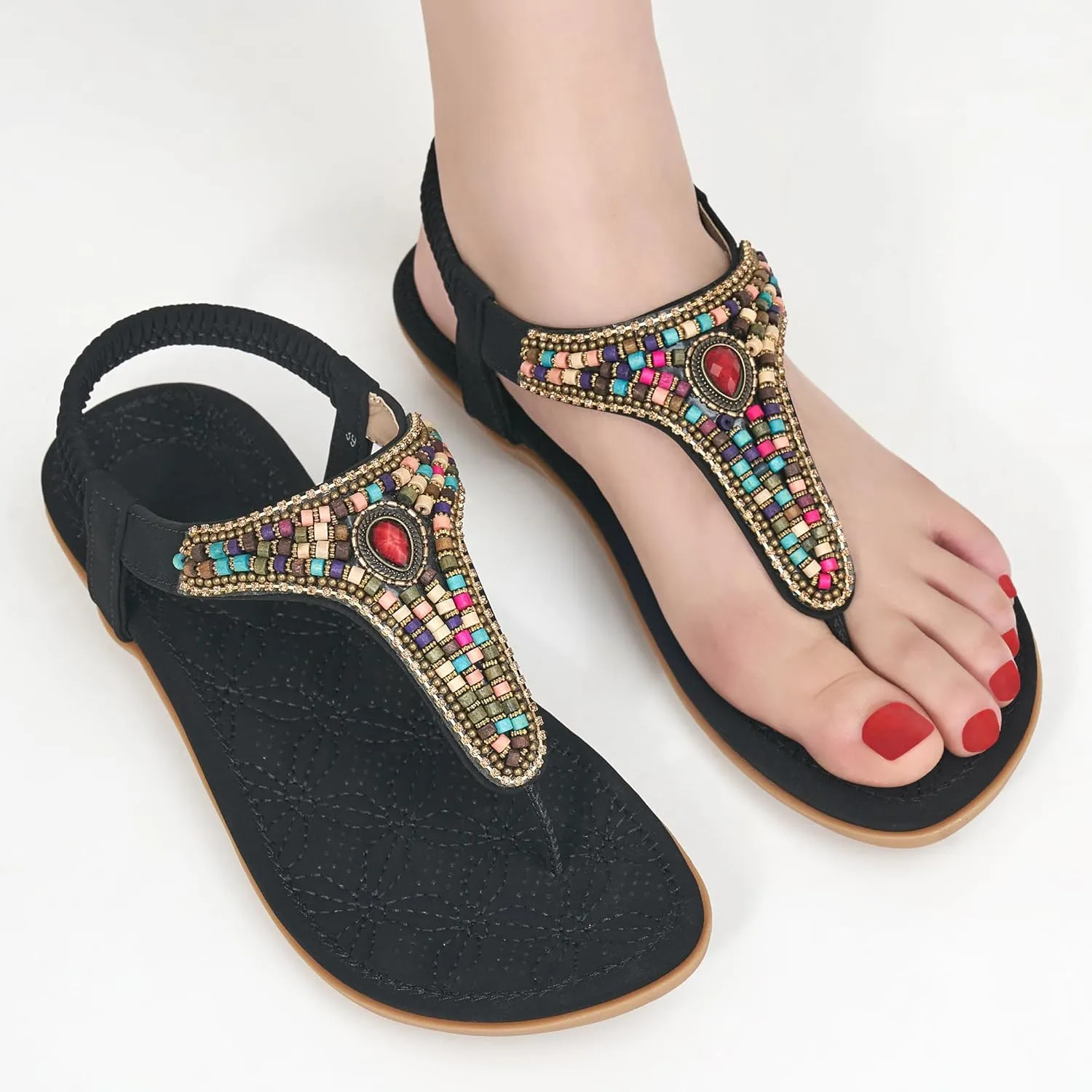 Ecetana Womens Sandals Dressy Flat with Bohemian Beaded Comfortable Casual Summer Slip On Ankle Elastic Thong Shoes