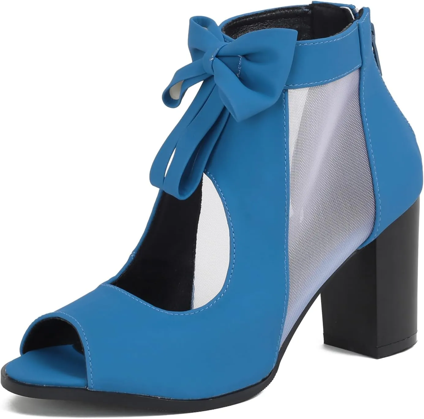 EFTCAL Women's Open Toe Cutout Bowknot Mesh High Heel Sandals with Arch Support,Fish Mouth Open Back Zipper Chunky Heel Sandals Wedding Party Dinner Dressy Sandals