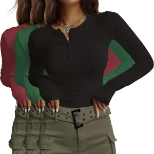 Ekouaer Women's Long Sleeve Shirts 3 Packs Henley Button Down Tops Ribbed Slim Fit Base Layer Soft Thermal Tee