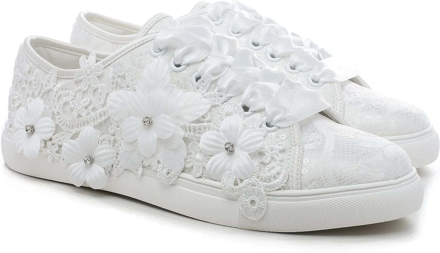 Elivandon 16054 Wedding Shoes Bridal Sneakers Flats Bride Tennis Shoes Flowers Lace Sneakers