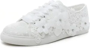 Elivandon 16054 Wedding Shoes Bridal Sneakers Flats Bride Tennis Shoes Flowers Lace Sneakers