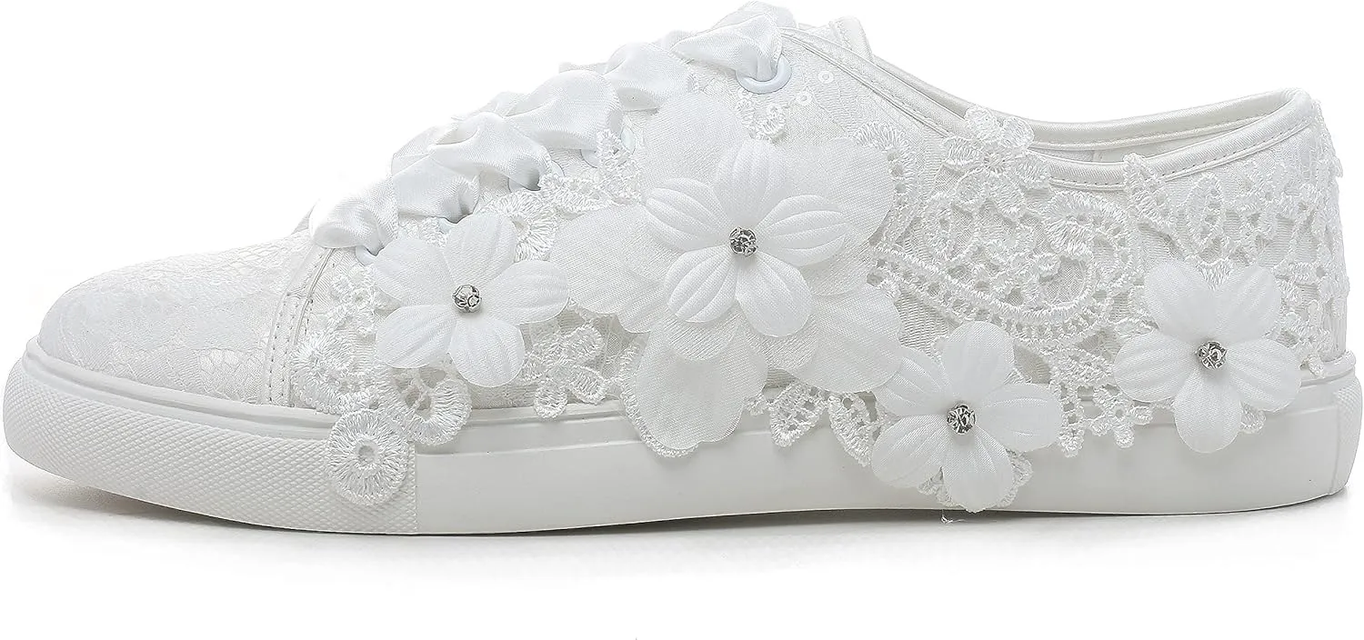Elivandon 16054 Wedding Shoes Bridal Sneakers Flats Bride Tennis Shoes Flowers Lace Sneakers