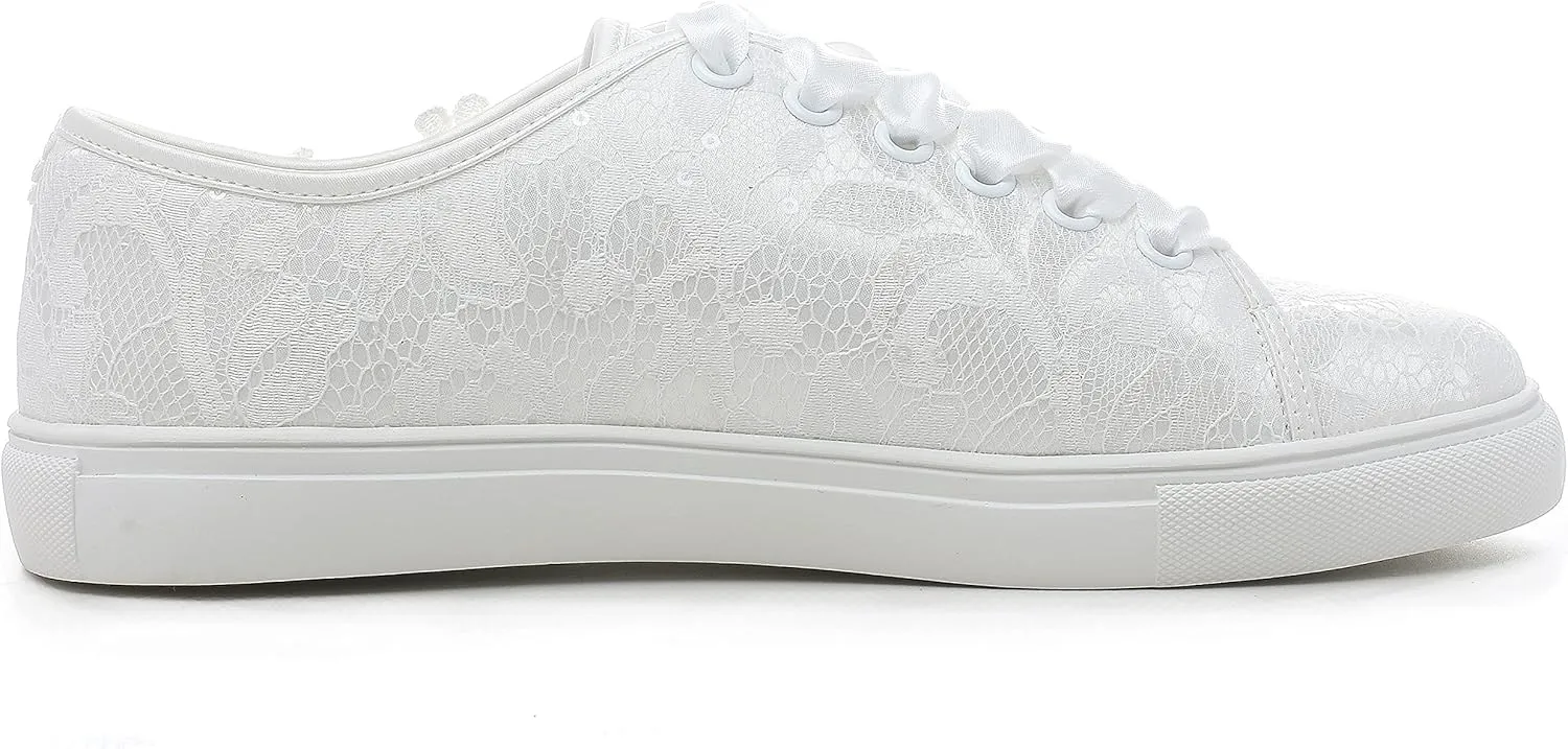 Elivandon 16054 Wedding Shoes Bridal Sneakers Flats Bride Tennis Shoes Flowers Lace Sneakers