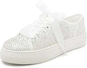 Elivandon 9995 Wedding Shoes Lace Bridal Sneakers 1.46" Platform Bride Tennis Shoes Sparkling Rhinestone Wedding Sneakers