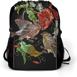 Embroidery Peonies Birds Drawstring Gym Backpack Flowers Renaissance Style Sports Travel Daypack Sackpack Pockets String Cinch Bag for Men & Women