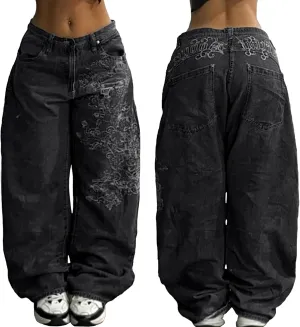 EMMIOL Women Hip Hop Baggy Jeans Wide Leg Mid-Low Waist Jeans Loose Boyfriends Jeans 90s Vintage Denim Pants