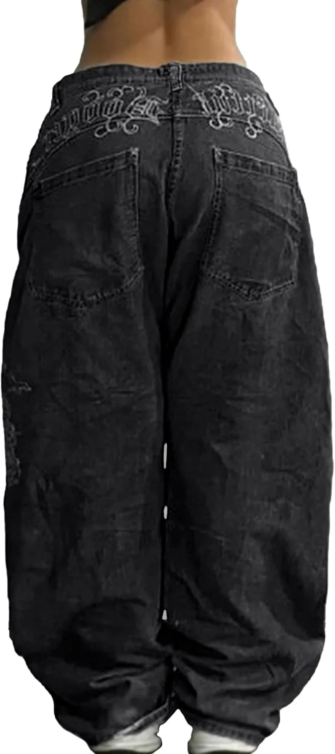 EMMIOL Women Hip Hop Baggy Jeans Wide Leg Mid-Low Waist Jeans Loose Boyfriends Jeans 90s Vintage Denim Pants