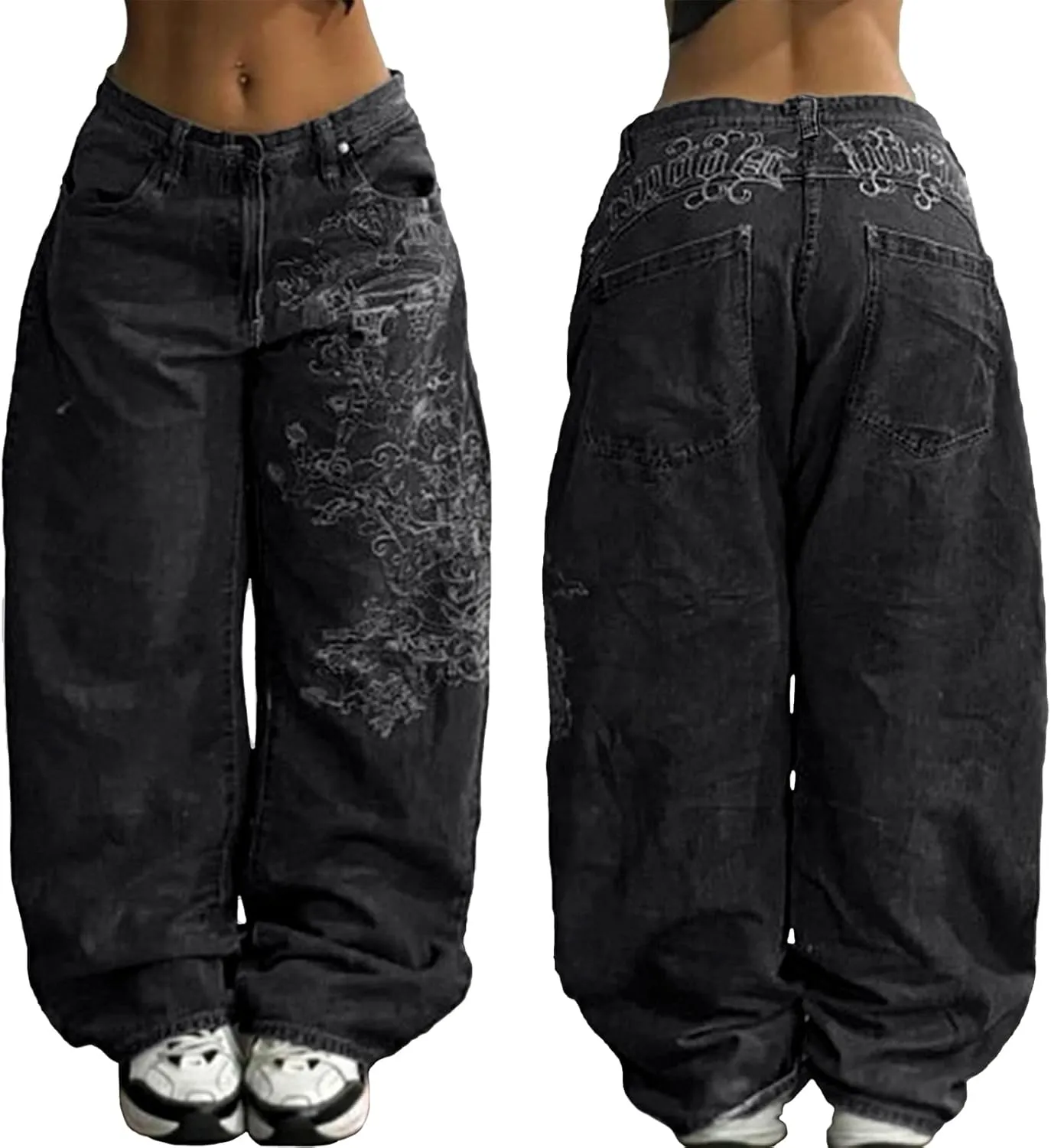 EMMIOL Women Hip Hop Baggy Jeans Wide Leg Mid-Low Waist Jeans Loose Boyfriends Jeans 90s Vintage Denim Pants