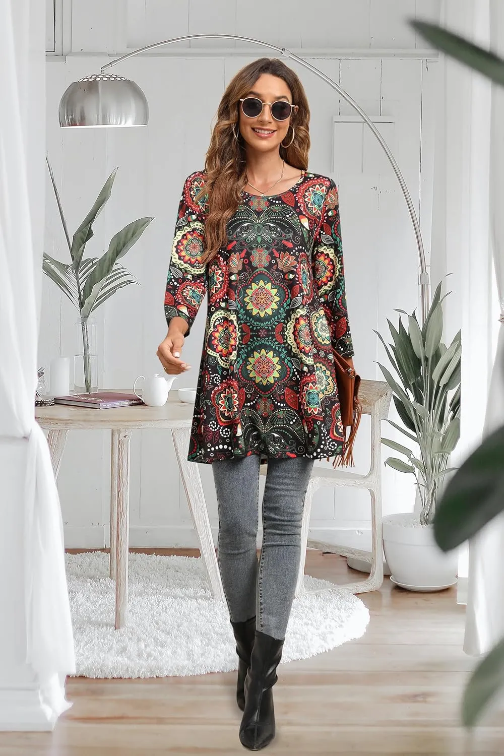 ENMAIN Women's Tops 3/4 Sleeve Dressy Casual Plus Size Tunic Tops to Wear with Leggings Swing Flare T-Shirt Loose Fit Blouses