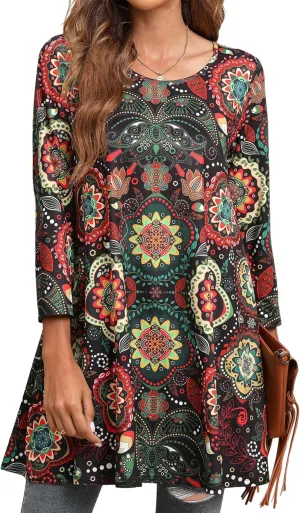 ENMAIN Women's Tops 3/4 Sleeve Dressy Casual Plus Size Tunic Tops to Wear with Leggings Swing Flare T-Shirt Loose Fit Blouses