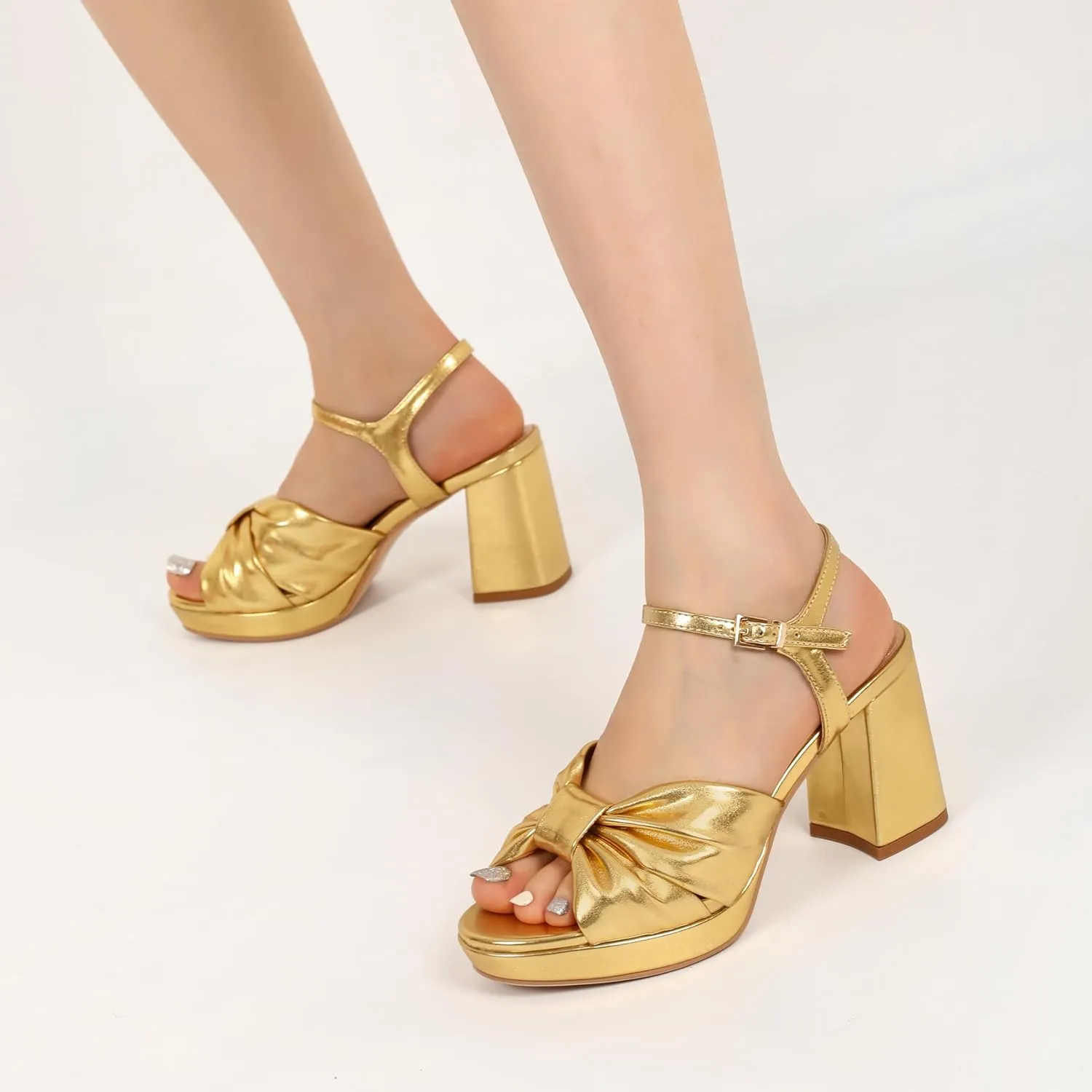 Esvowido Chunky Platform Heels for Women Open Toe Bow Heels with Ankle Strap Wedding Party Office Summer Sandals